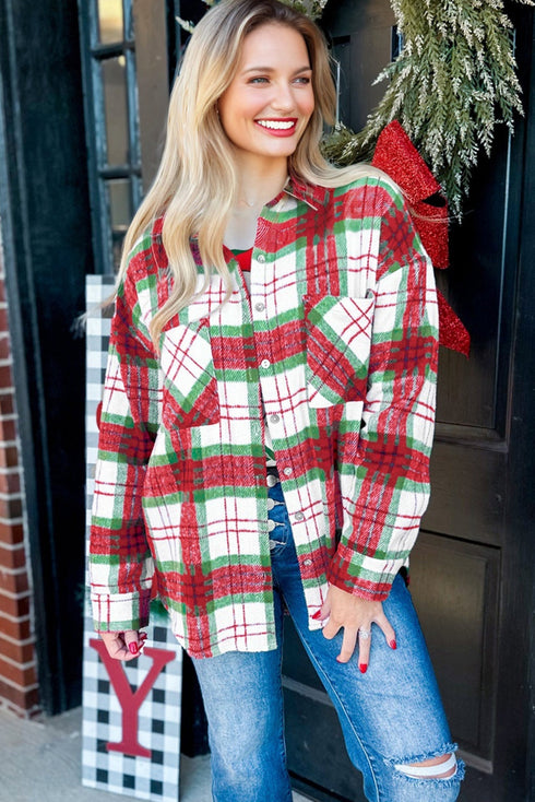 Tartan Plaid Flannel Button Front Patch Pocket Drop Shoulder Shacket